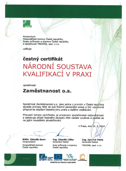 Zaměstnanost o.s. získalo prestižní certifikát NÁRODNÍ SOUSTAVA KVALIFIKACÍ V PRAXI